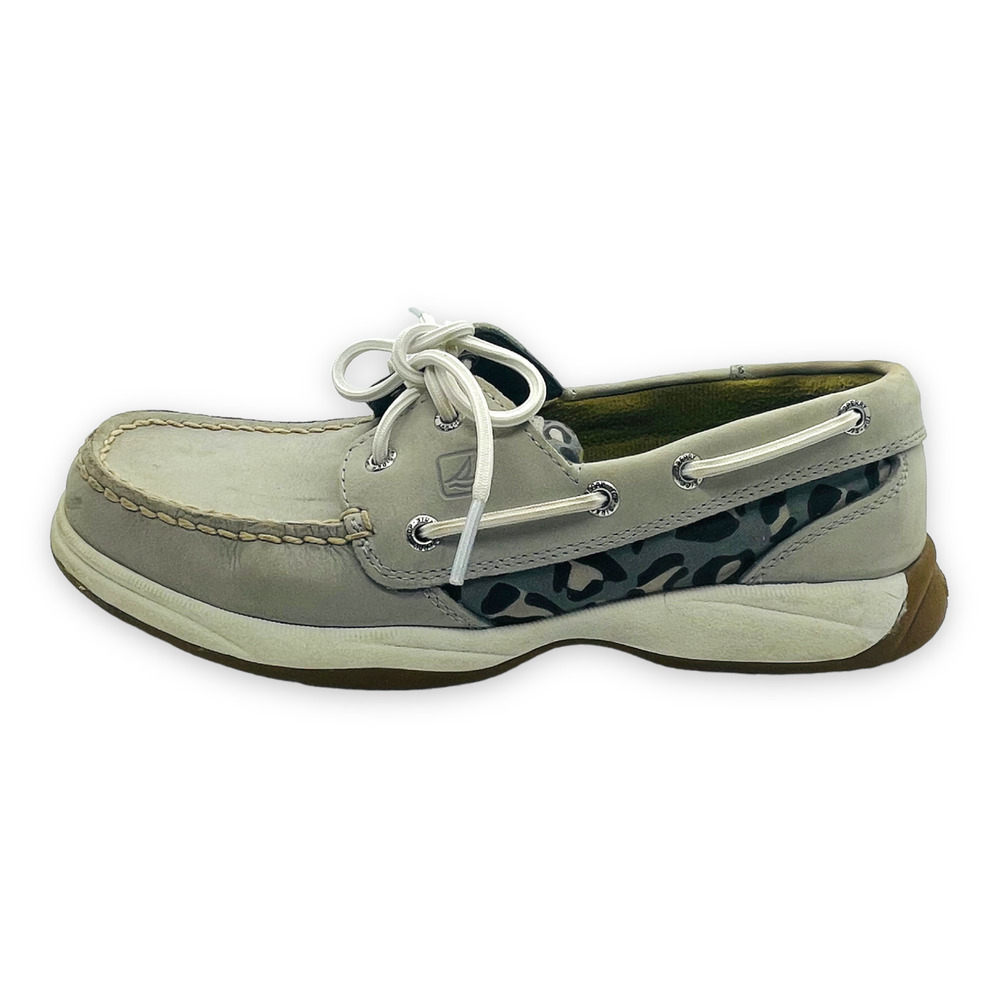 🍀SPERRY Women’s Gray Leopard Lace Up Moc Toe Boat Shoes Slip On Loafers Size 7M